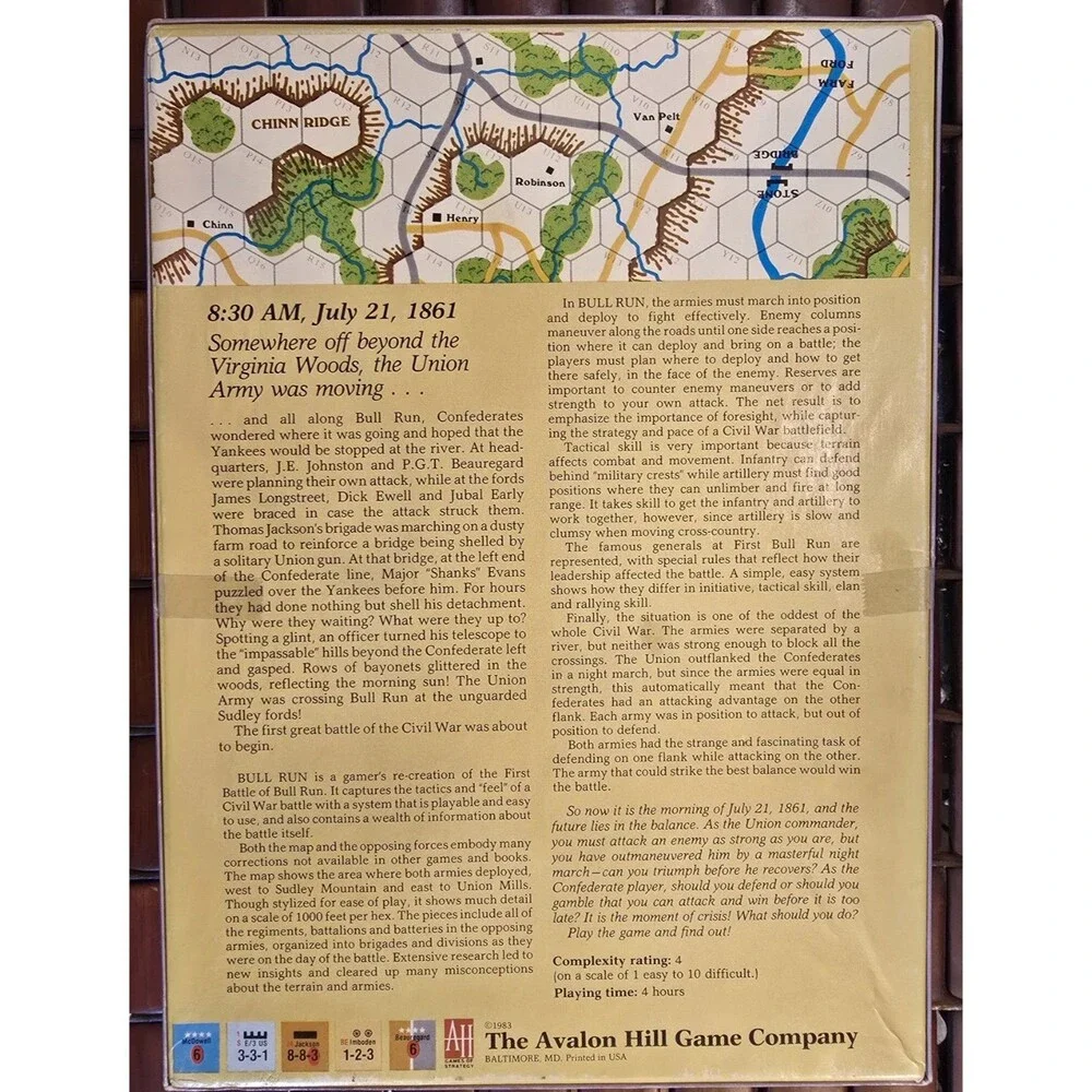 1983 Bull Run Civil War Tactical Board Game Avalon Hill Complete Unpuched